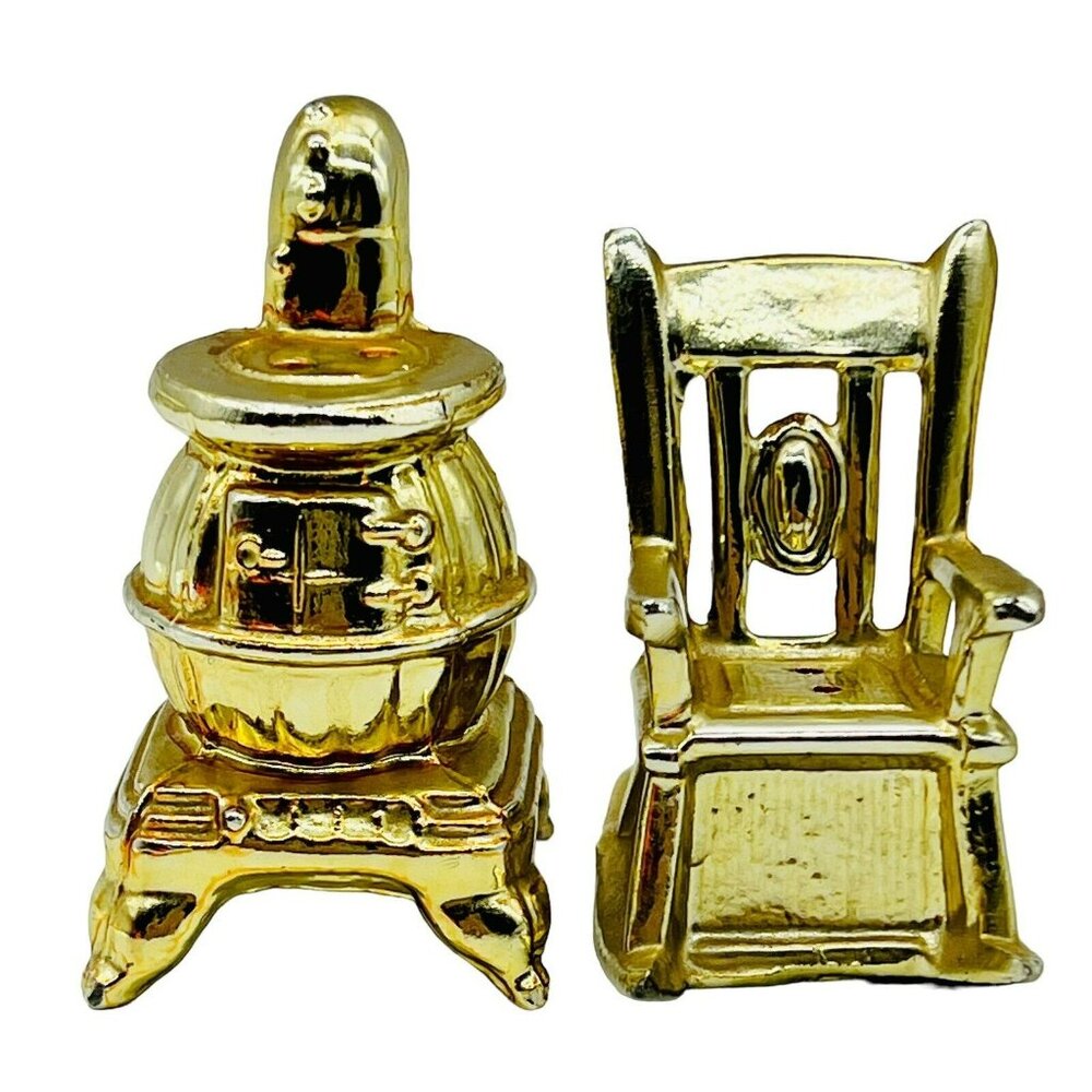 Vintage Rocking Chair Pot Belly Stove Salt Pepper Shakers Gold Tone Metal